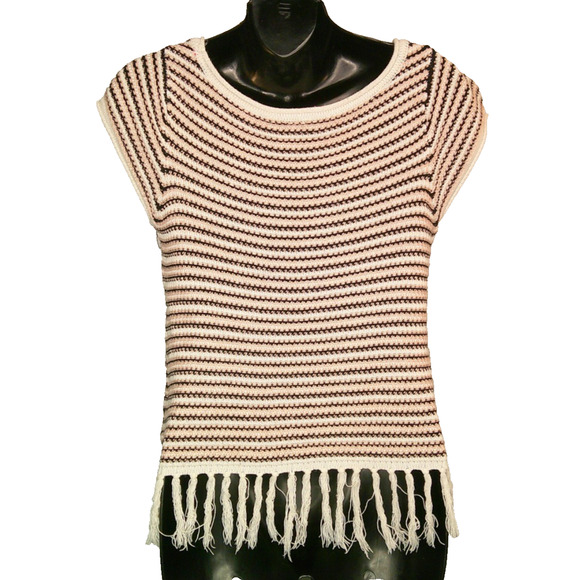 Soho Jeans NY & Co Pink, Black White Striped, Short Sleeve S Knit Sweater Fringe - Picture 6 of 6
